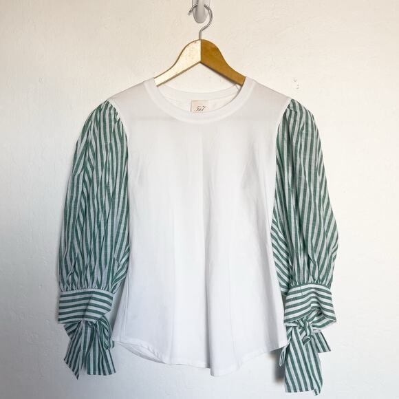 Cinq A Sept Shirt XS White Green Puff Sleeve Tie Stripe Charlie Crewneck Tee Top - Picture 1 of 8